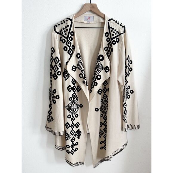 Roja Sweater Womens XL Ivory‎ Black Embroidered Geometric Cotton Boho Cardigan - Picture 1 of 16